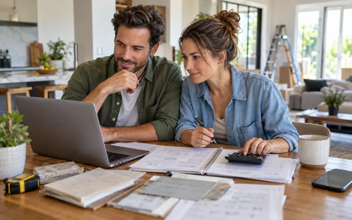 Couple budgeting for a home renovation with a calculator