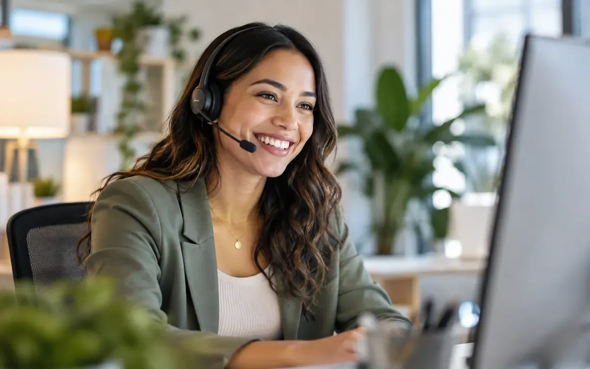 Customer support representative wearing a headset