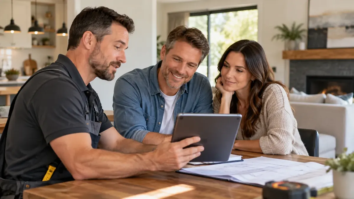 Contractor showing financing options on a tablet to homeowners