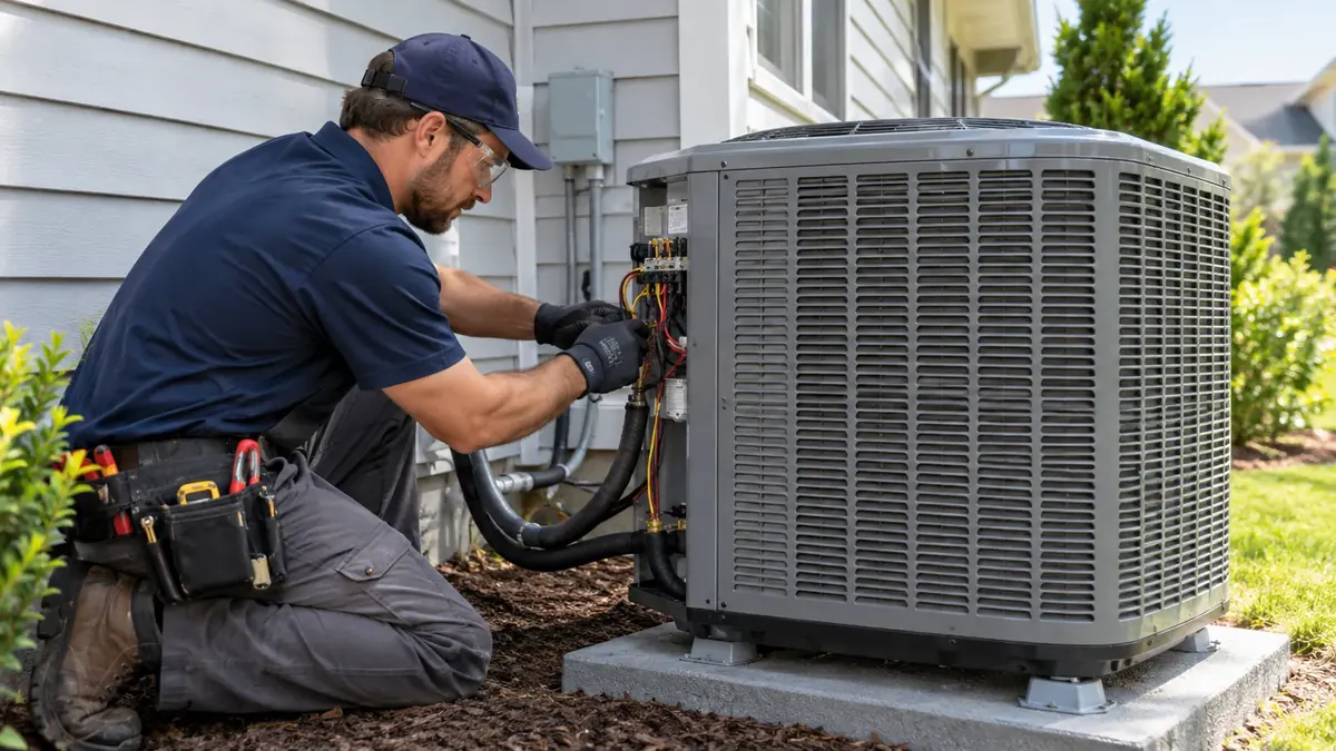 Technician installing an outdoor air conditioning unit