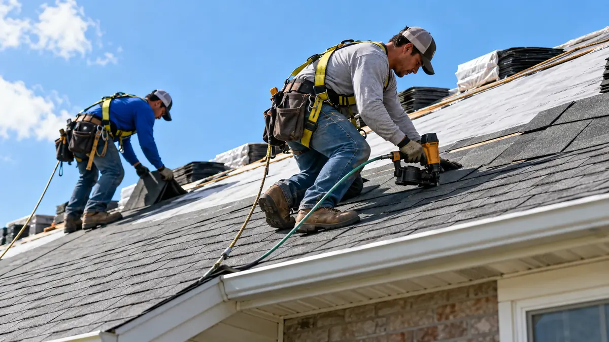 Roofers installing a new shingle roof